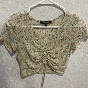 Floral Ruched Blouse in Cream and Green
